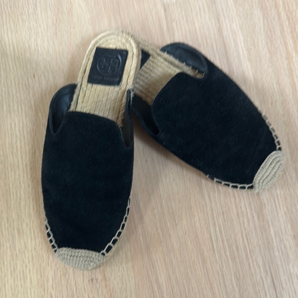 Tory Burch Black and Tan Espadrille Slip-Ons